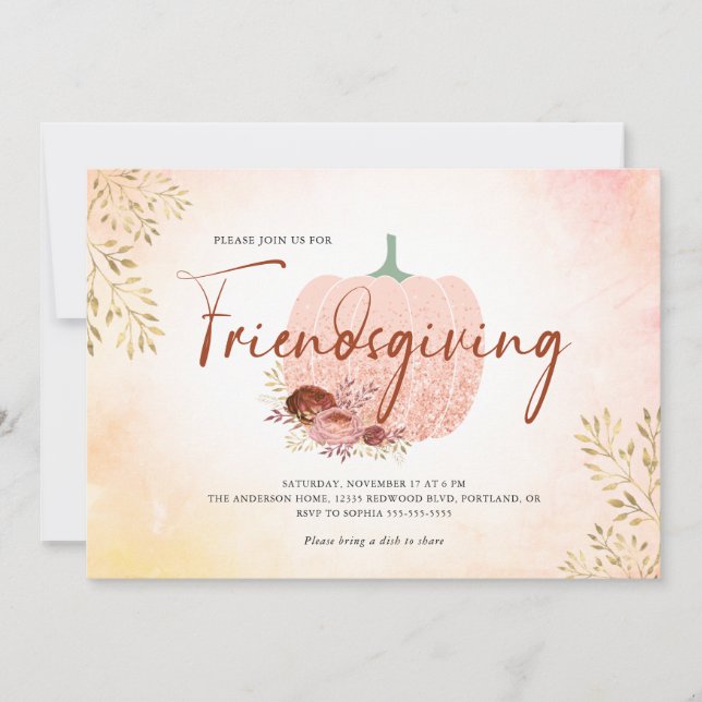 Friendsgiving Rose Gold Glitter Pumpkin Invitation (Front)