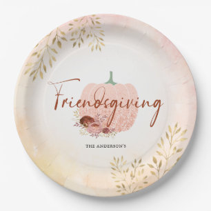 Friendsgiving Rose Gold Glitter Pumpkin Paper Plate