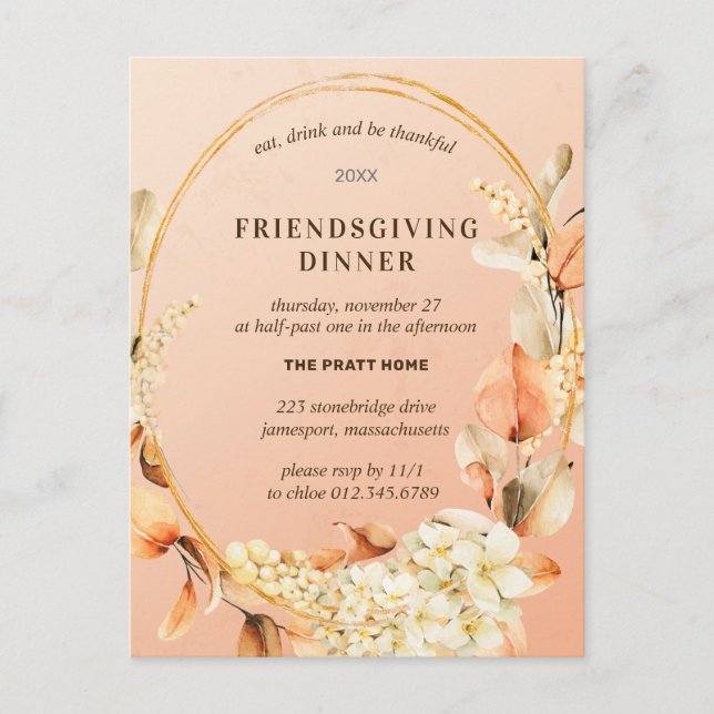 Friendsgiving Rustic Floral Postcard Invitation (Front)