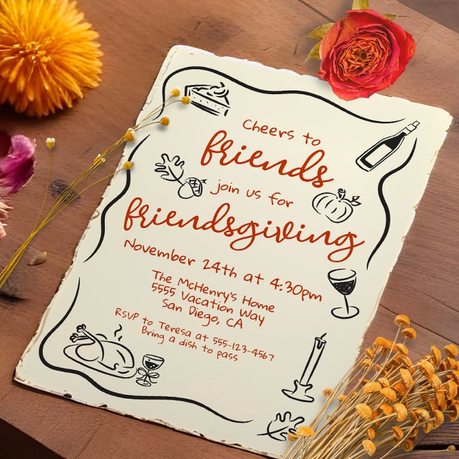 Friendsgiving Thanksgiving Hand drawn Doodle Invitation (Creator Uploaded)