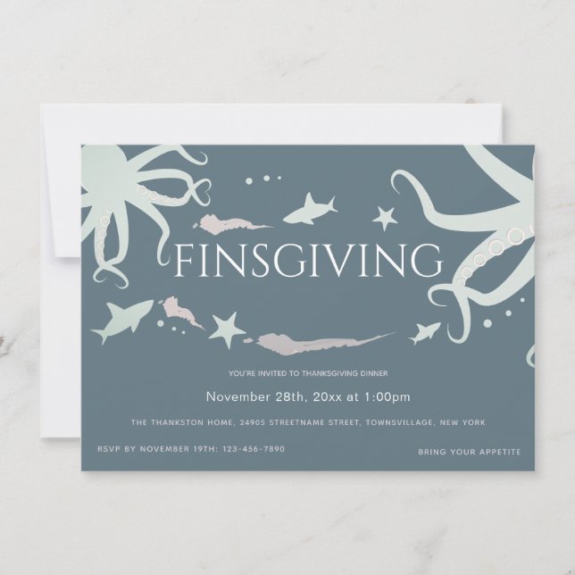Friendsgiving Thanksgiving Sea Life Blue Grey Pink Invitation (Front)