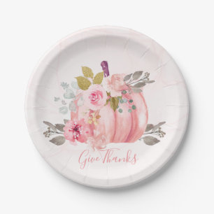 Friendsgiving Thanksgiving Watercolor Pumpkin Pink Paper Plate