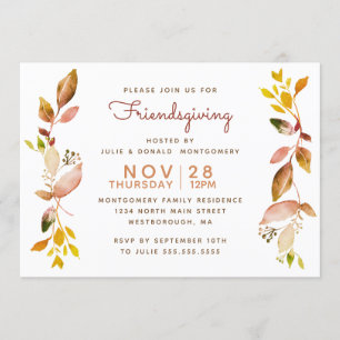 Friendsgiving Watercolor Autumn Botanical Leaves Invitation