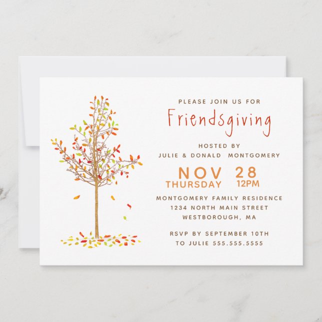 Friendsgiving Watercolor Autumn Tree Leaves Invitation (Front)