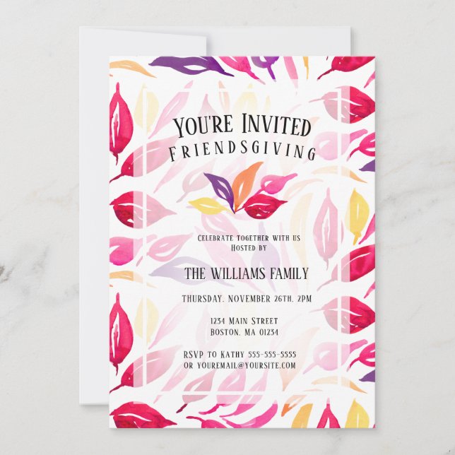 Friendsgiving Watercolor Pink Purple Yellow Leaves Invitation (Front)