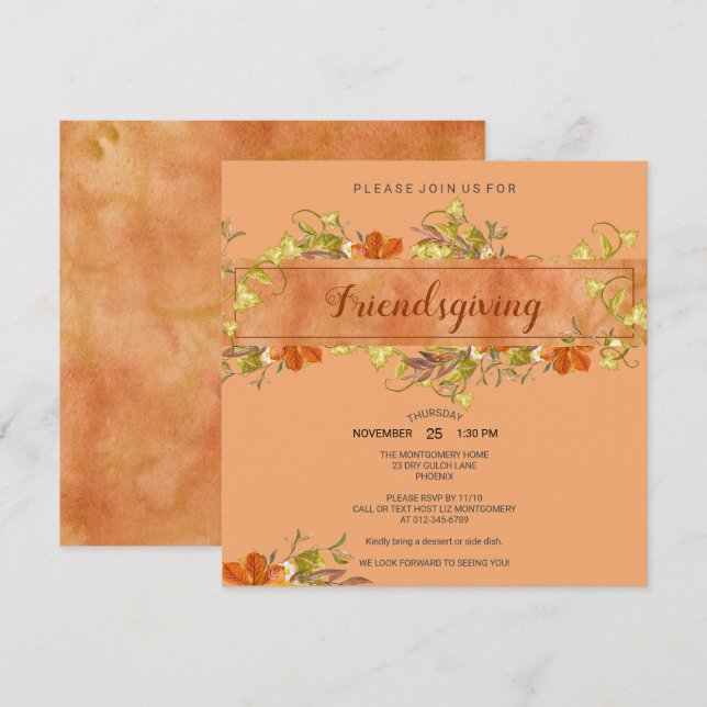 Friendsgiving  Watercolor Rustic Fall Leaves Invitation (Front/Back)