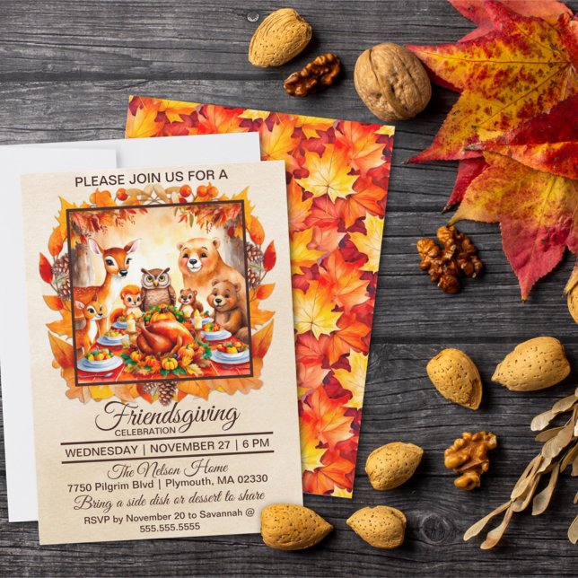 Friendsgiving Woodland Animals Autumn Leaves Invitation (Creator Uploaded)