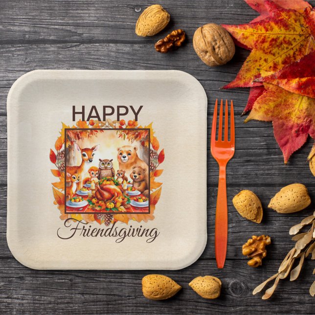 Friendsgiving Woodland Animals Autumn Leaves Paper Plate (Creator Uploaded)