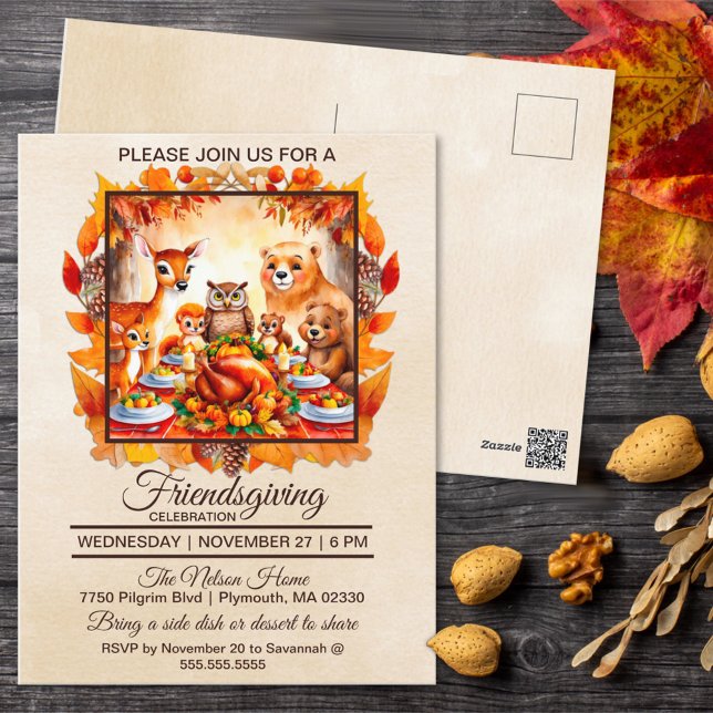 Friendsgiving Woodland Animals Autumn Leaves Postcard (Creator Uploaded)