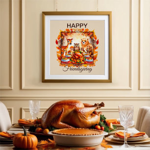 Friendsgiving Woodland Animals Autumn Leaves Poster