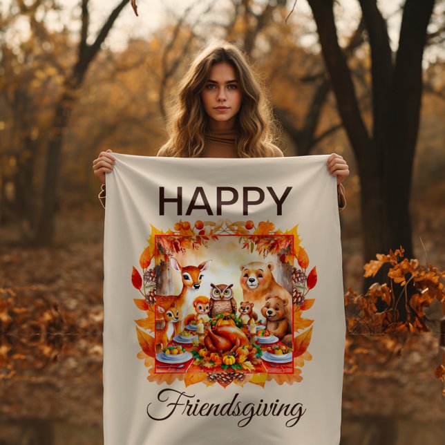 Friendsgiving Woodland Animals Autumn Leaves Sherpa Blanket (Creator Uploaded)