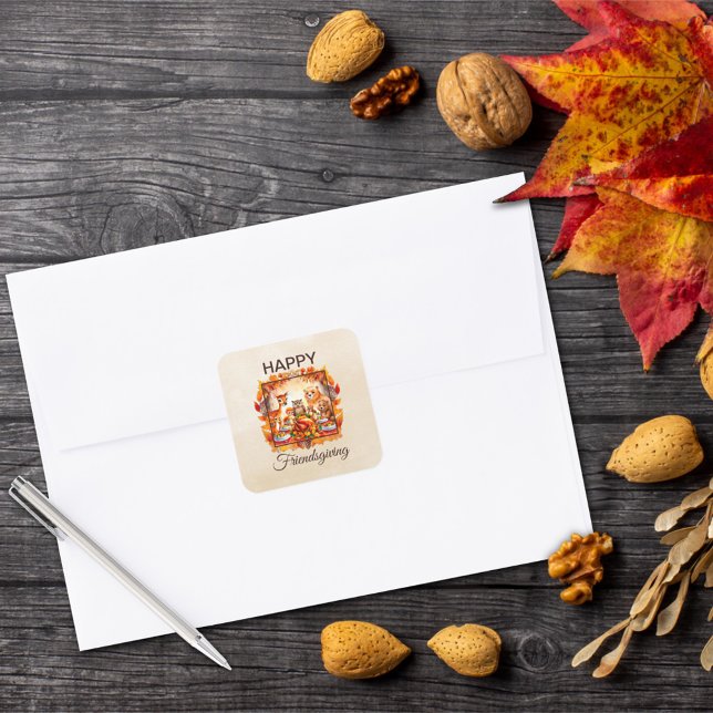 Friendsgiving Woodland Animals Autumn Leaves Square Sticker (Creator Uploaded)