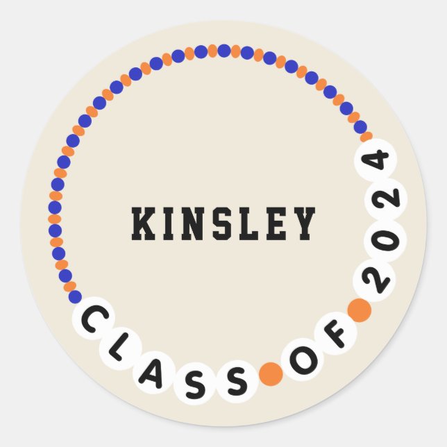 Friendship Bracelet 2024 Graduation Blue + Orange Classic Round Sticker (Front)