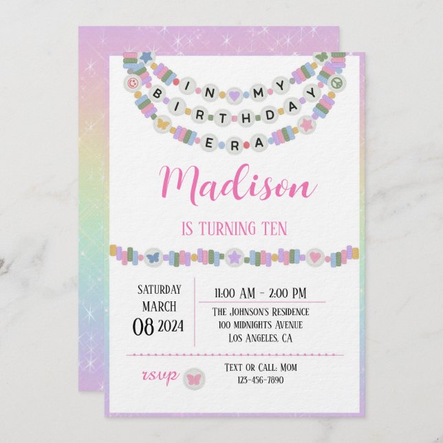 Friendship Bracelet Girls Birthday Era Party  Invitation (Front/Back)