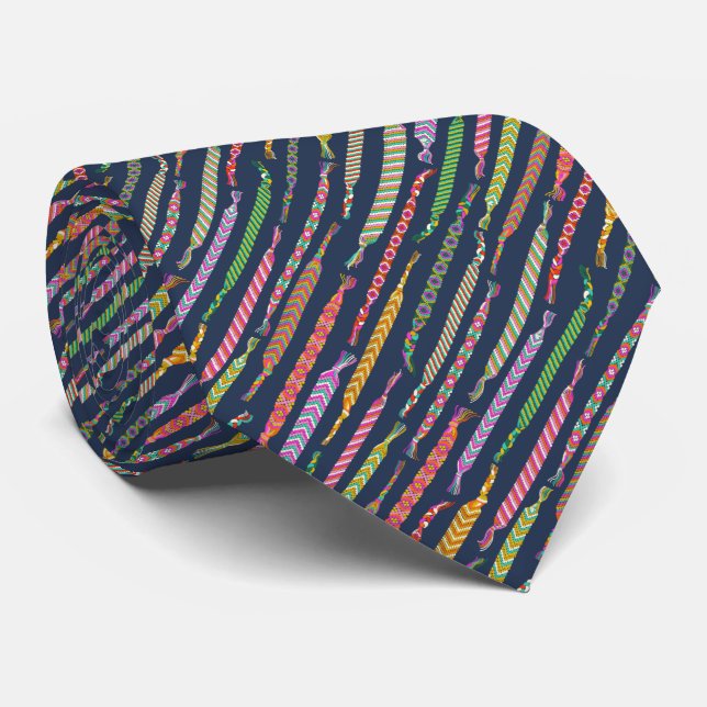 Friendship Bracelets Pattern on Navy Blue Tie (Rolled)