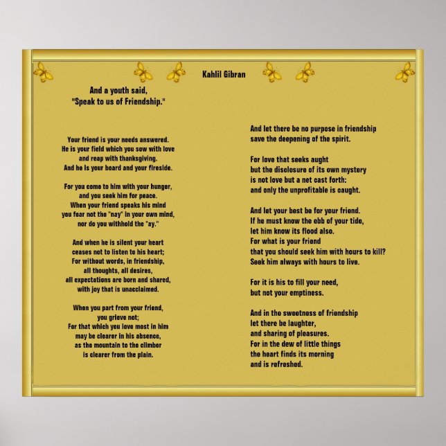 Friendship by Kahlil Gibran Poster (Front)