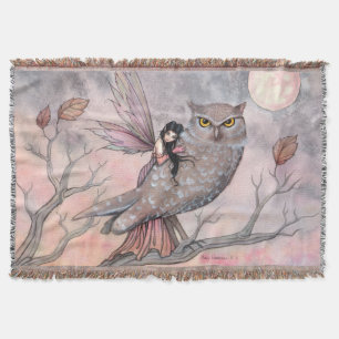 Friendship Fairy and Owl Watercolor Fantasy Art Throw Blanket