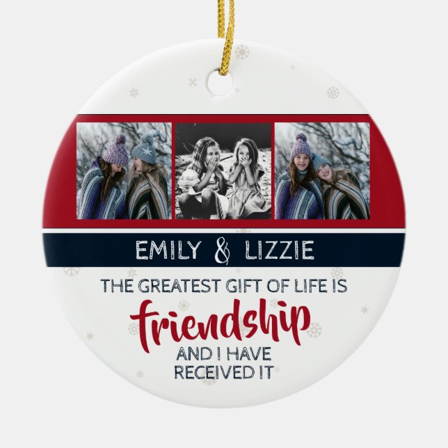 Friendship inspirational quote w/ names and photos ceramic tree decoration (Front)
