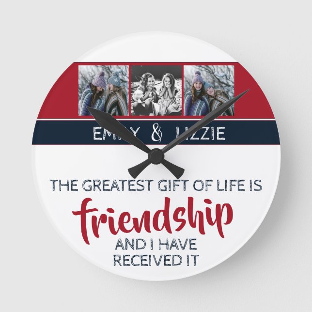 Friendship inspirational quote w/ names and photos round clock (Front)