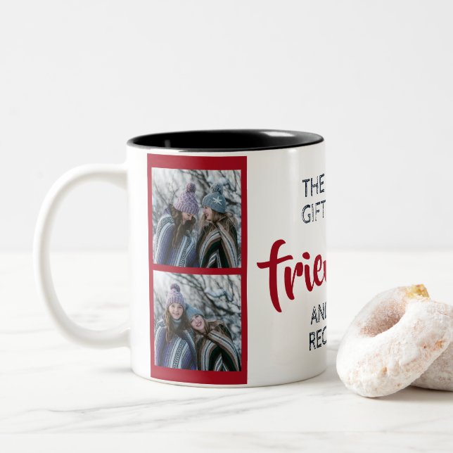 Friendship inspirational quote w/ names and photos Two-Tone coffee mug (With Donut)