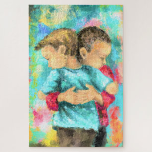 Friendship - Kids Hugging - Peace Love - Painting Jigsaw Puzzle