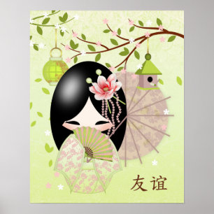 Friendship , Kokeshi Doll In Spring Green Blends Poster