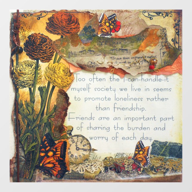 Friendship Mixed Media Butterflies Flowers Collage Window Cling (Sheet)