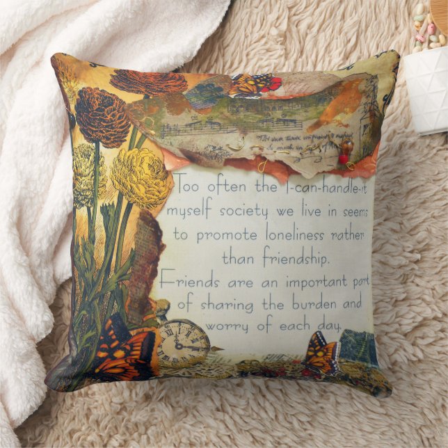 Friendship Mixed Media Flowers Butterflies Collage Cushion (Blanket)