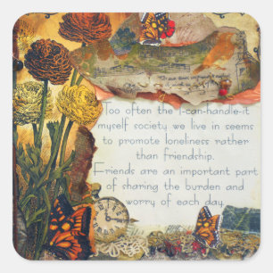 Friendship Mixed Media Flowers Butterflies Collage Square Sticker
