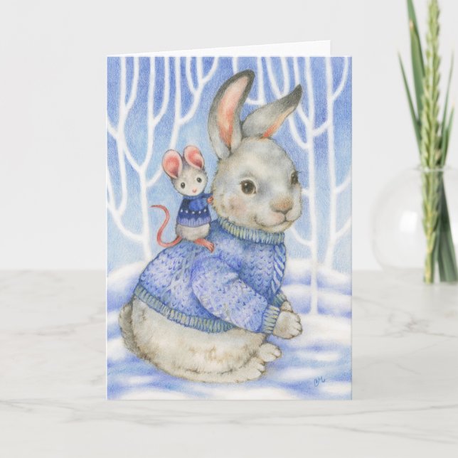 Friendship Rabbit and Mouse Cute Christmas Card (Front)
