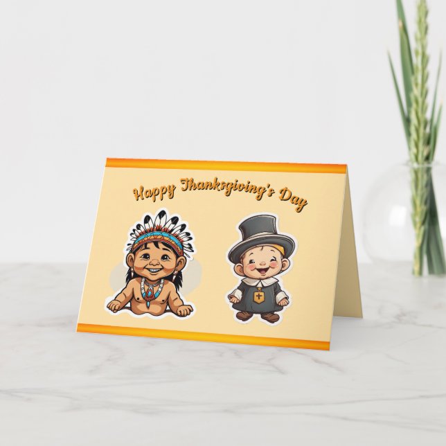 Friendship Thanksgiving Card-Cute Pilgirm & Indian Holiday Card (Front)