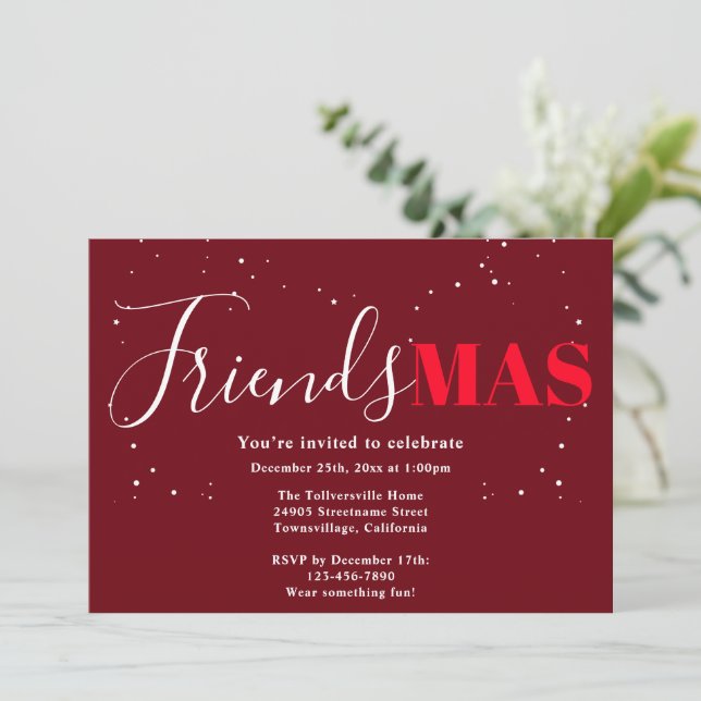 Friendsmas Burgundy Christmas Invitation (Standing Front)