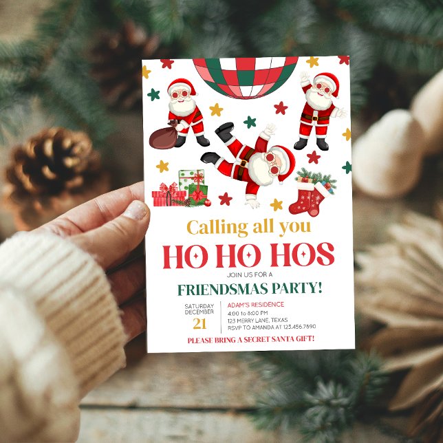 Friendsmas Funny Santa Christmas Party Invitation (Calling all you Ho Ho Hos Friendsmas Christmas Party Invitation)