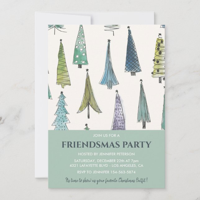 Friendsmas invitations Cute Christmas trees green (Front)