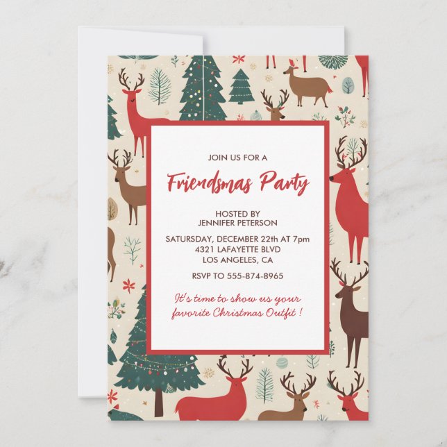 Friendsmas Invitations Cute Whimsical Deer trees (Front)