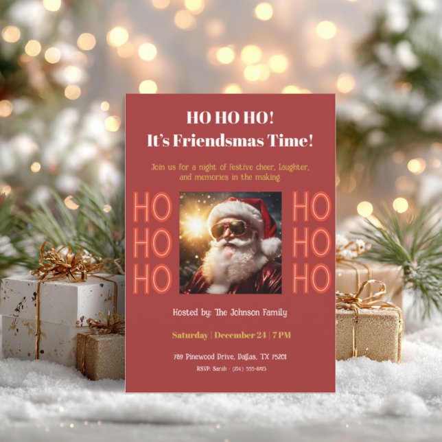 Friendsmas Party Invitation • Retro Christmas (Friendsmas invitation with Santa design, gold gifts, pine branches and soft festive lights.)