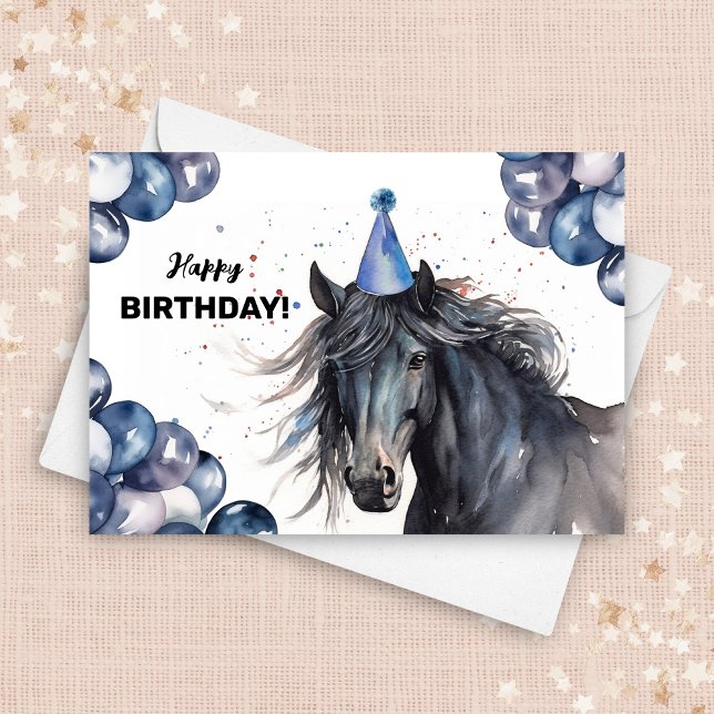 Friesian Black Horse Balloons Party Hat Birthday Card (Creator Uploaded)