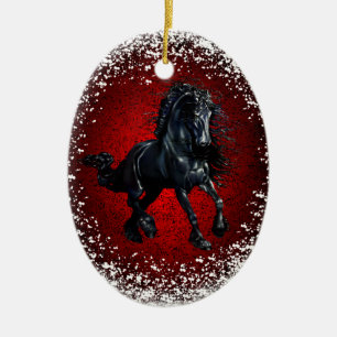 Friesian, black stallion 3,snow, red granite ceramic tree decoration