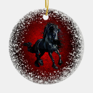 Friesian, black stallion 3,snow, red granite ceramic tree decoration