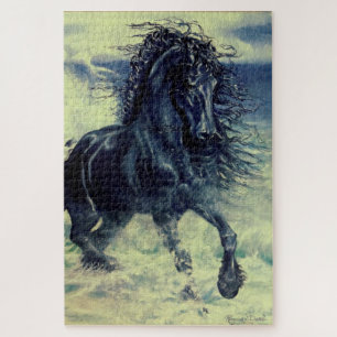 Friesian black stallion horse in ocean waves jigsaw puzzle