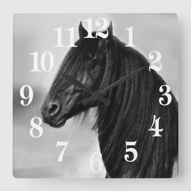 Friesian black stallion horse square wall clock (Front)