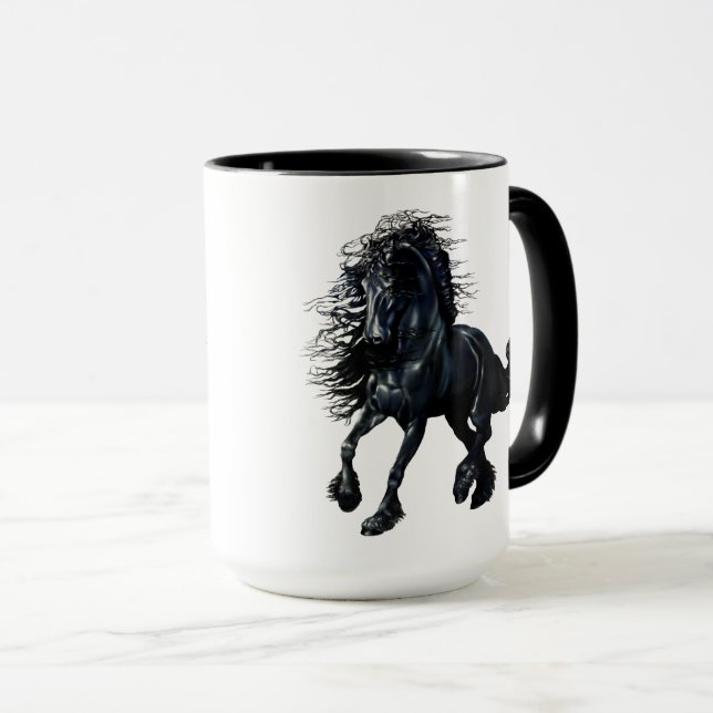 Friesian, black stallion horse, the black beauty mug (Front Right)