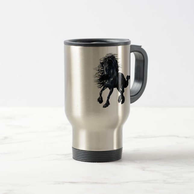 Friesian, black stallion horse, the black beauty travel mug (Front Right)