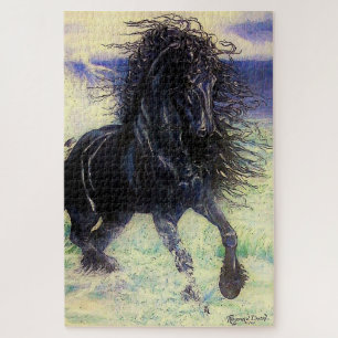 Friesian black stallion  in ocean waves cartooned jigsaw puzzle