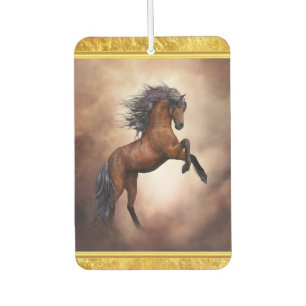 Friesian brown horse rearing up with misty clouds car air freshener