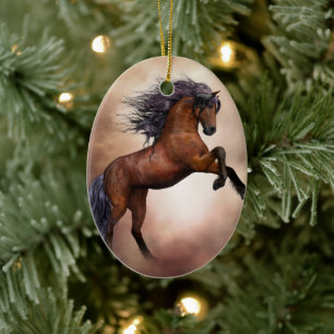 Friesian brown horse rearing up with misty clouds ceramic tree decoration