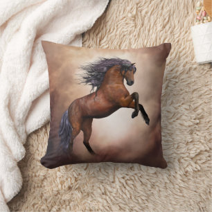 Friesian brown horse rearing up with misty clouds cushion