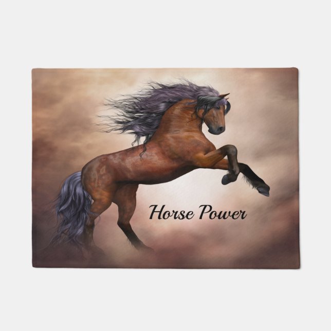 Friesian brown horse rearing up with misty clouds doormat (Front)