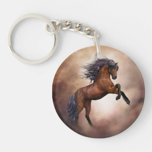 Friesian brown horse rearing up with misty clouds key ring