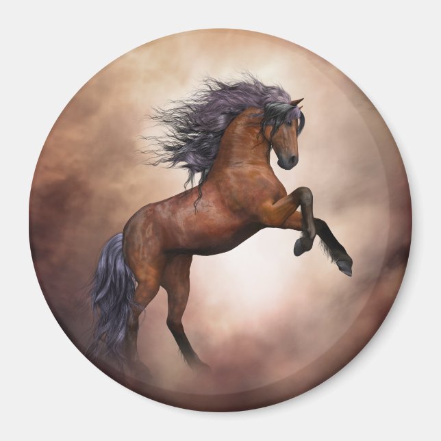 Friesian brown horse rearing up with misty clouds magnet (Front)